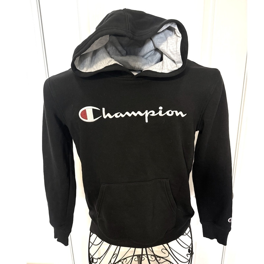 Champion Black Pullover Hoodie Kids Size M 10/12 Logo Sweatshirt Sporty Warm EUC